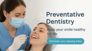 Promotional banner for Preventative Dentistry featuring a female dentist in a mask and blue scrubs examining a smiling female patient's teeth, with the text Keep your smile healthy for life and a Schedule your cleaning today button.